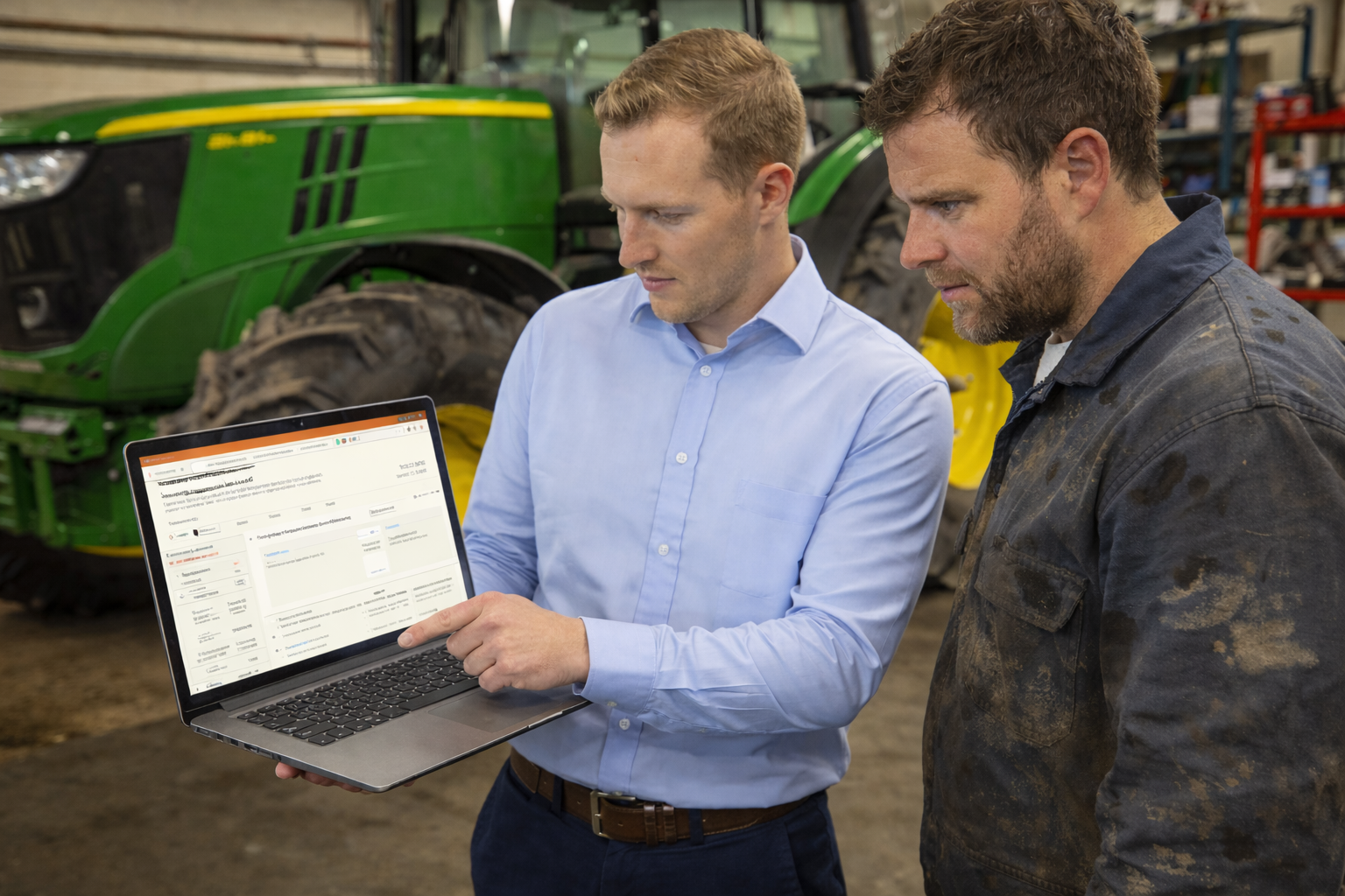 Two people reviewing SPARK on a laptop in a workshop