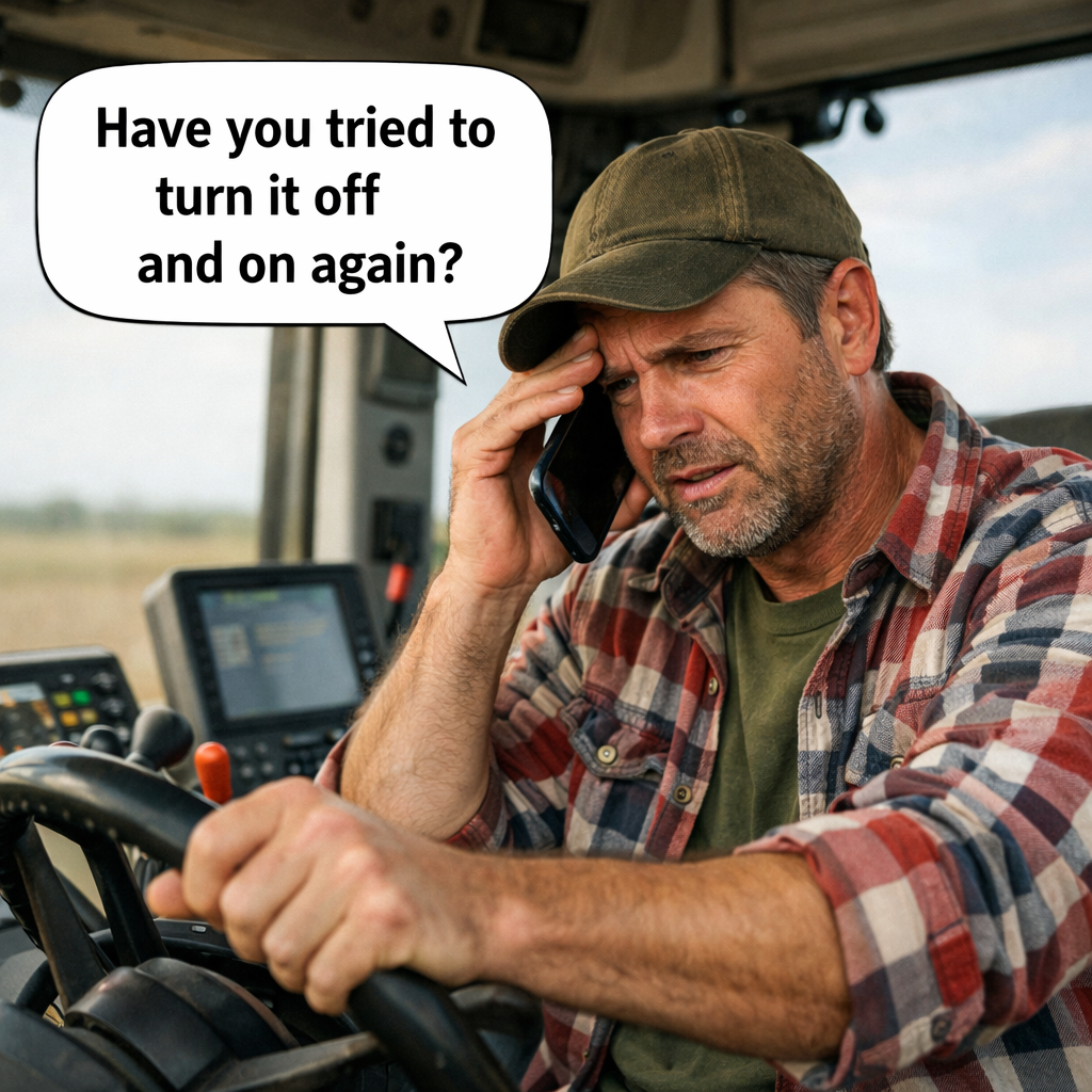 Farmer on phone in tractor cab